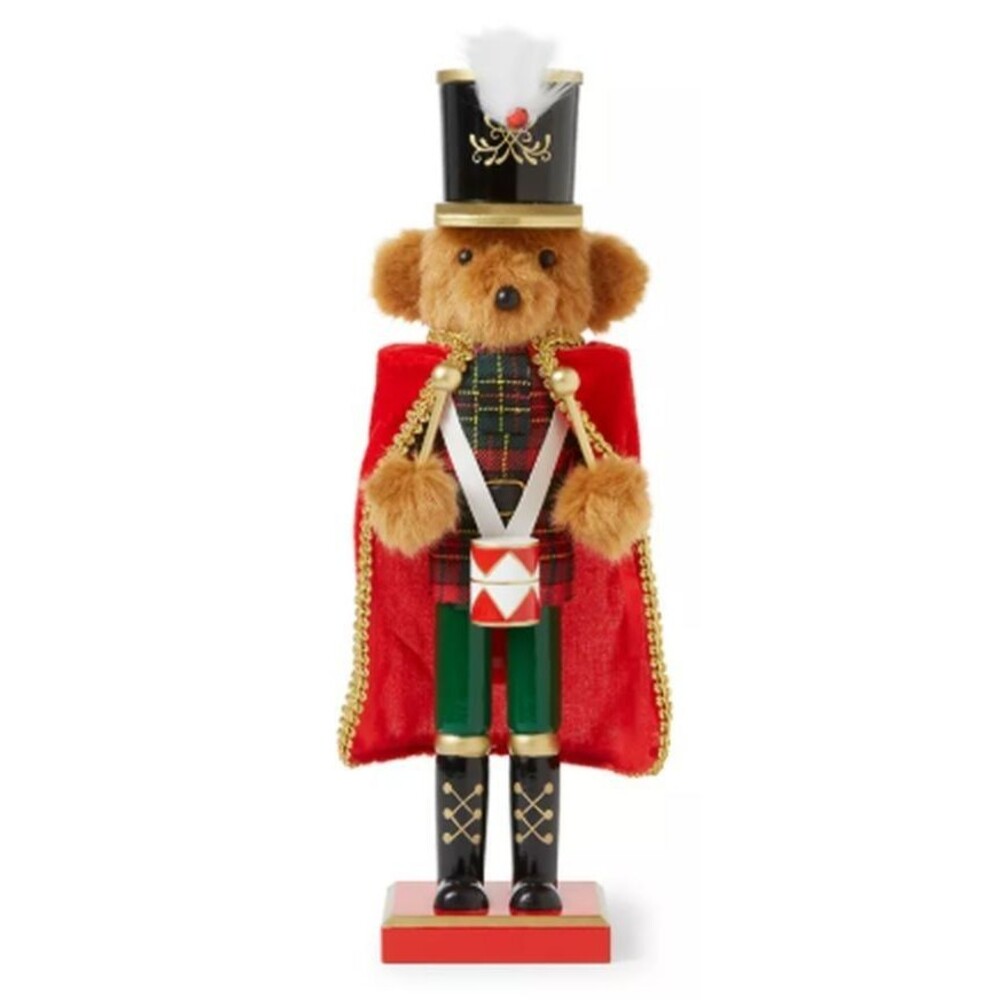 Wooden Christmas Nutcracker, 14", TEDDY BEAR SOLDIER IN UNIFORM WITH DRUMS, BLK